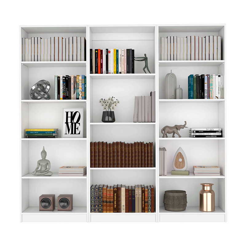 Ensemble de bibliothèque trois pièces, 74 po de large avec 14 tablettes, ensemble de salon, Blanc