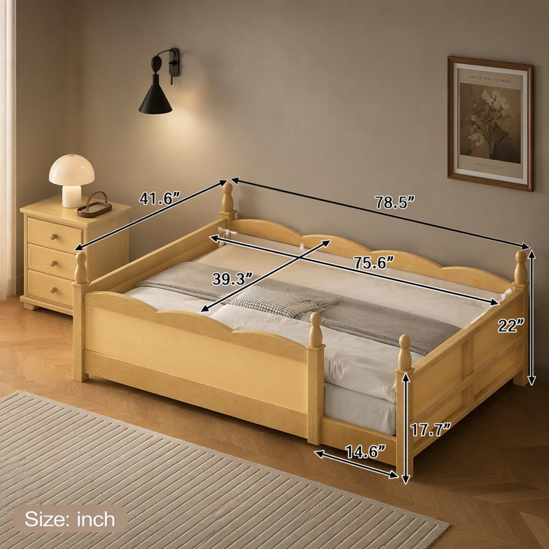 Lit au sol avec garde-corps pleine longueur, base de lit avec tablette, Lit simple, Naturel