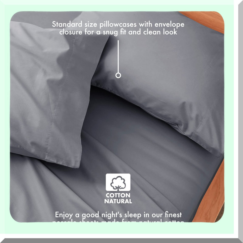 CoolCotton Queen Sheet Set - Moisture-Wicking Percale Fitted Sheet & Pillowcases - Deep Pocket 15" - Breathable Cooling - Easy Care - Charcoal Gray