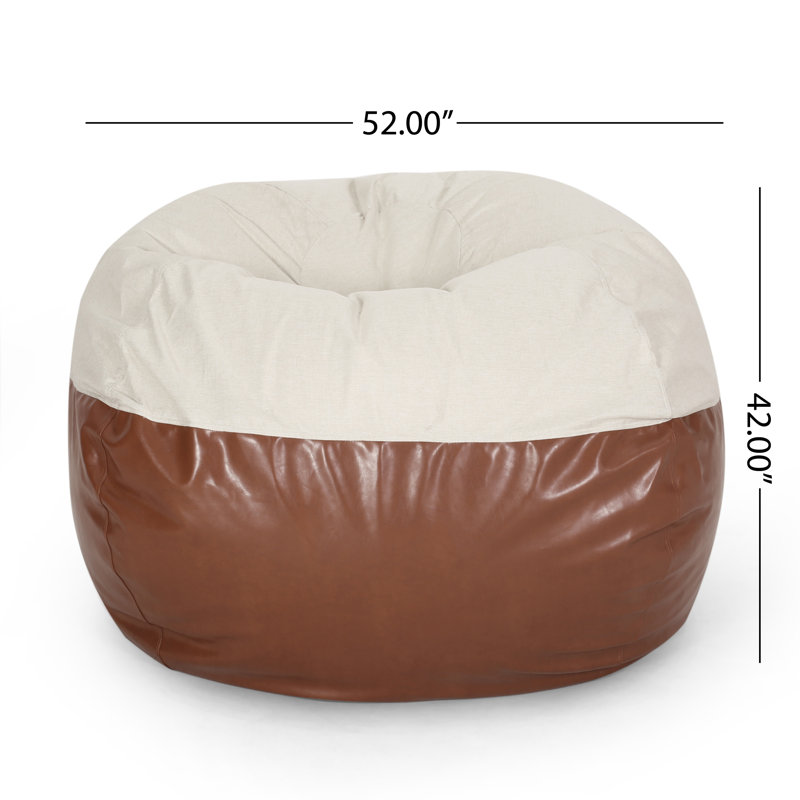 Maxi 5 Foot Two color Fabric and Faux Leather Rounded Bean Bag, Beige and Coffee Brown