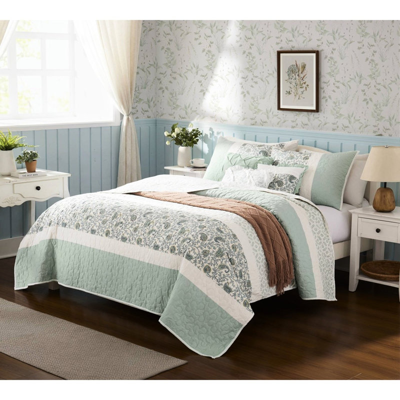 Aube, double / grand, coton 6 pièces, réversible avec coussins double / grand, courtepointe décorative, Turquoise