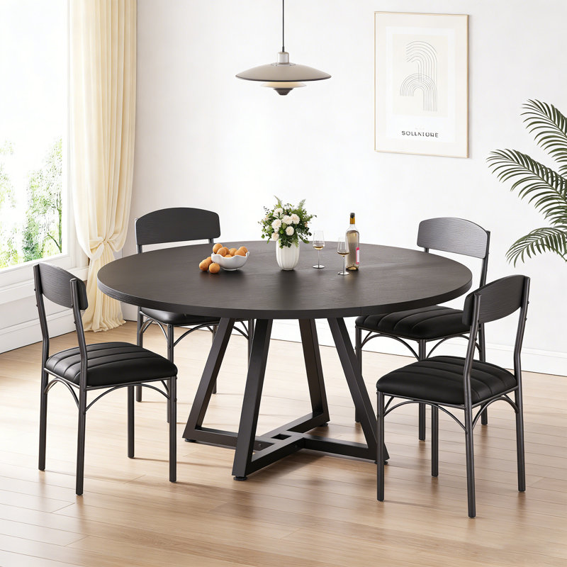 47IN Black Round Dining Table: Pedestal Metal Frame, Space-Saving Industrial Style, Black, 30"H x 51"L x 51"W