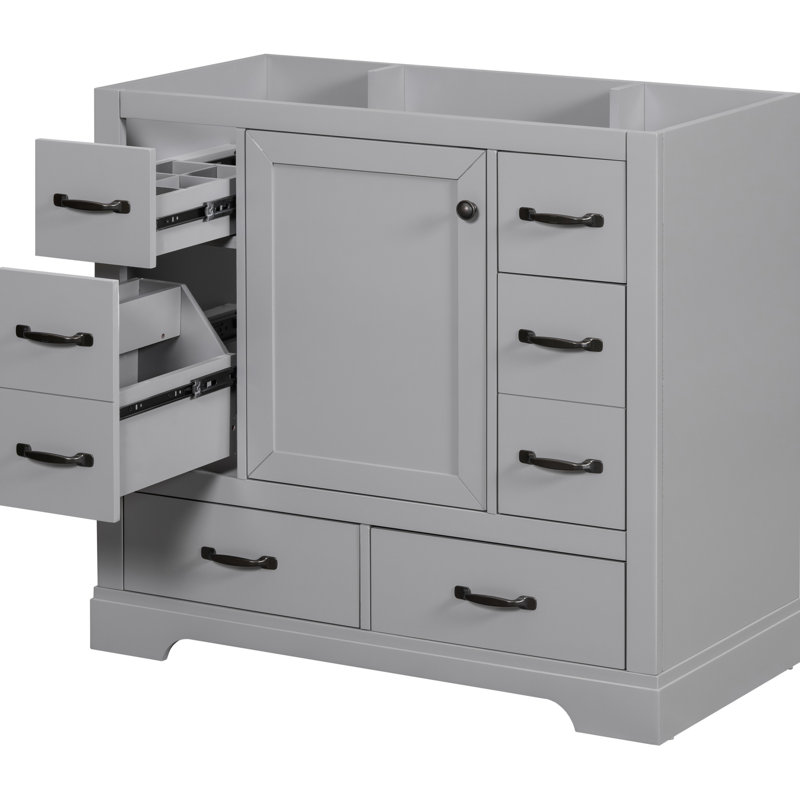 Base d'armoire de salle de bain grise, 6 tiroirs, cloison multifonctionnelle, meuble-lavabo en bois massif 36 po, gris, tablette réglable, fabrication