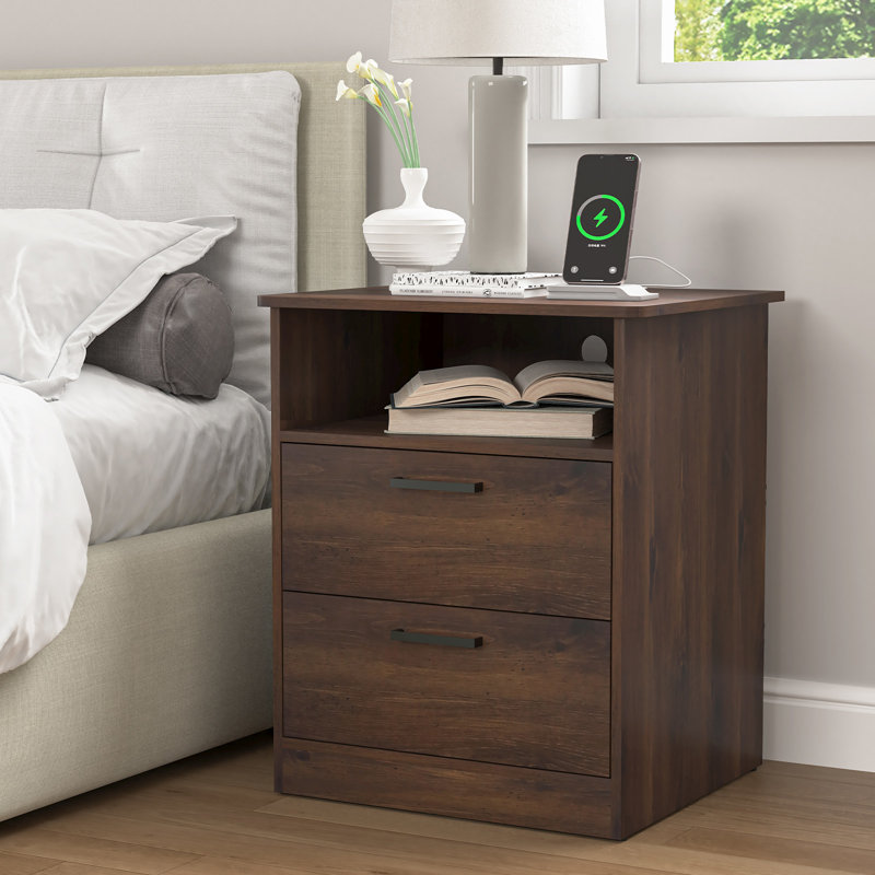 Table de chevet moderne brune à 2 tiroirs avec station de chargement avec ports USB Type C et prises de courant CA, Brun