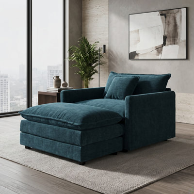Méridienne rembourrée avec repose-pieds assorti et coussins moelleux, bleu foncé