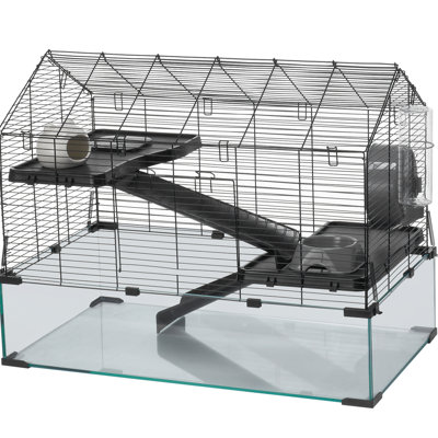 Habitat de hamster de 29,5 po avec structure sécuritaire pour animaux de compagnie, suffisamment d'espace pour explorer et se reposer, vue à 360 degrés, installation facile à suivre, cage à hamster en verre trempé noir, gerbille, souris,