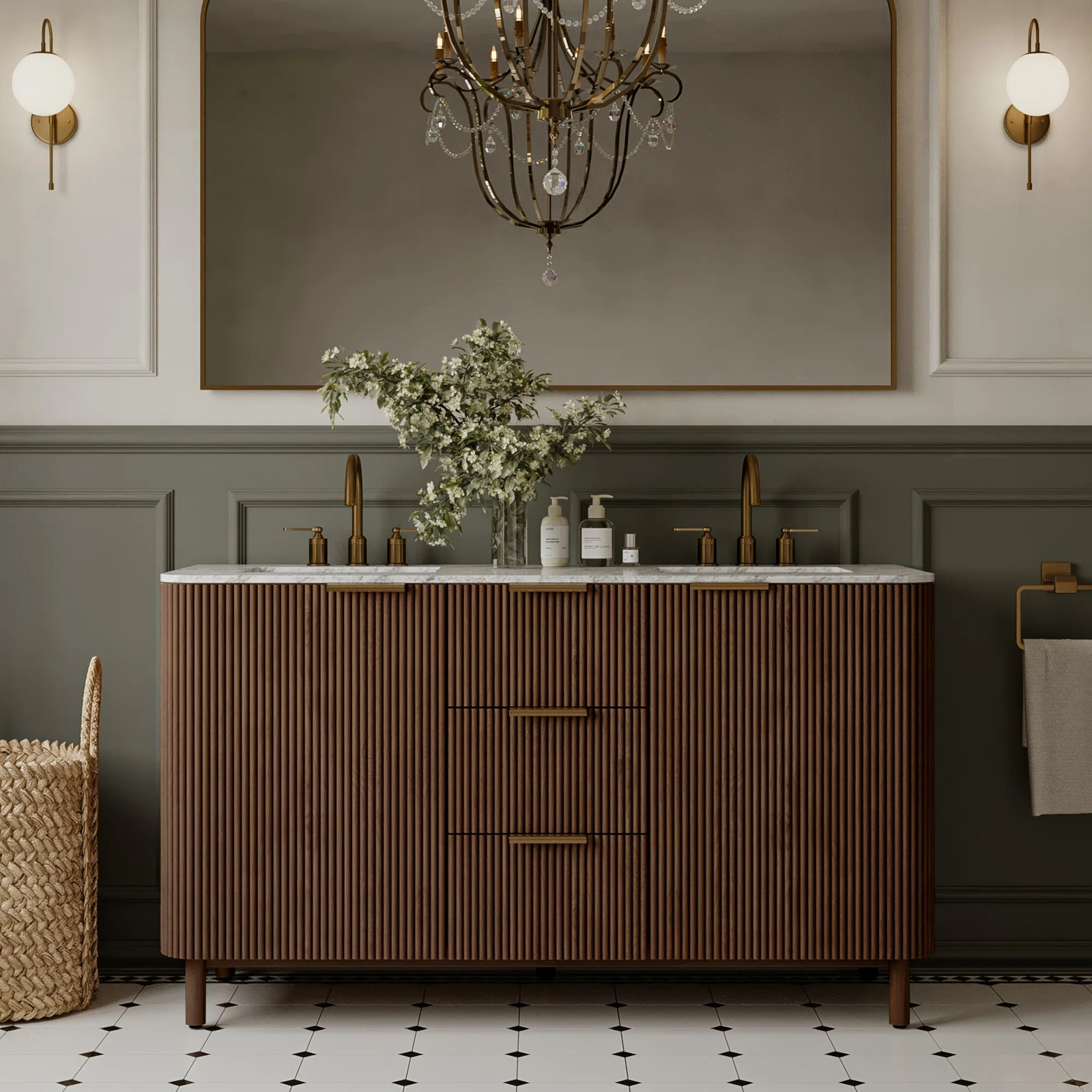 Nova 60" Carrara Marble Double Bathroom Vanity, Brown Reeded