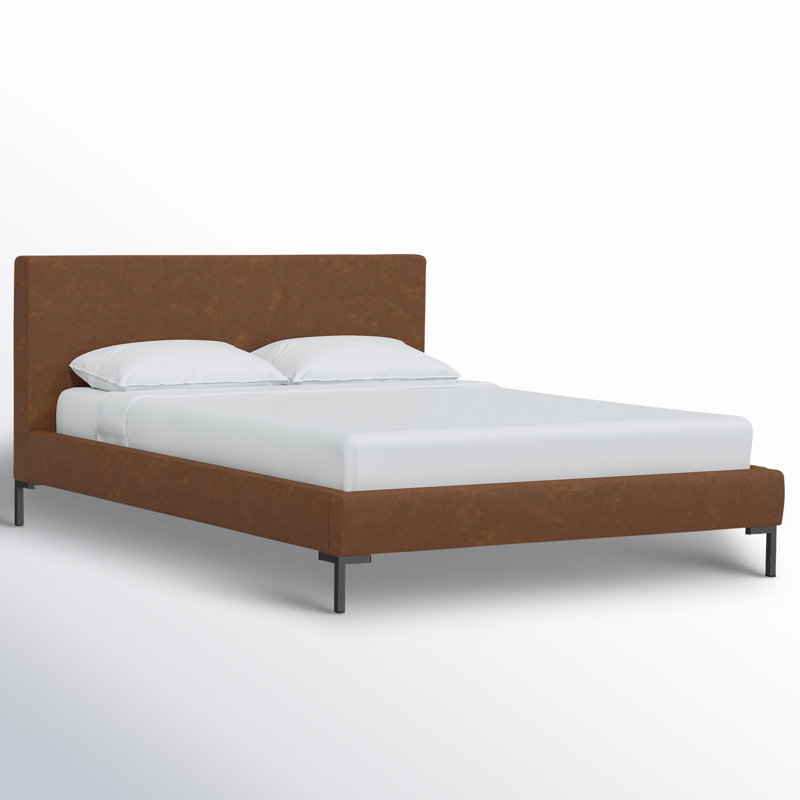 Rand Upholstered Platform Bed, Distressed Saddle Brown Performance Faux Leather, Full, Black Wood