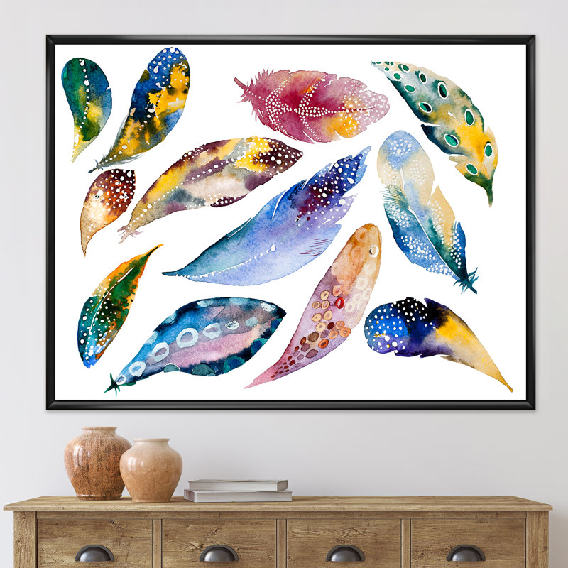 Ensemble de plumes colorées Boho VI - peinture sur toile, H 12 po x l 20 po x p 1 po, Cadre noir