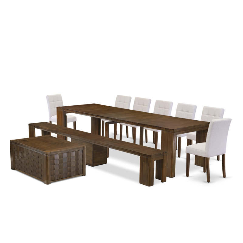 Antique Walnut Extendable Dining Set with Light Gray Faux Leather Chairs and Bench
