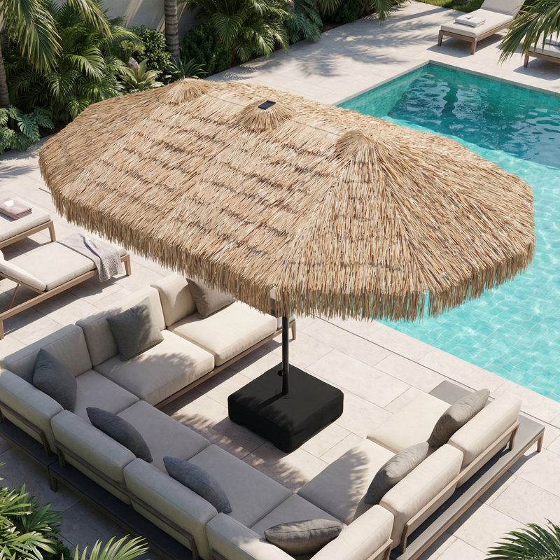 Parasol de patio à double face de 15 pi avec lumières DEL solaires, base robuste et sacs de sable inclus, Naturel