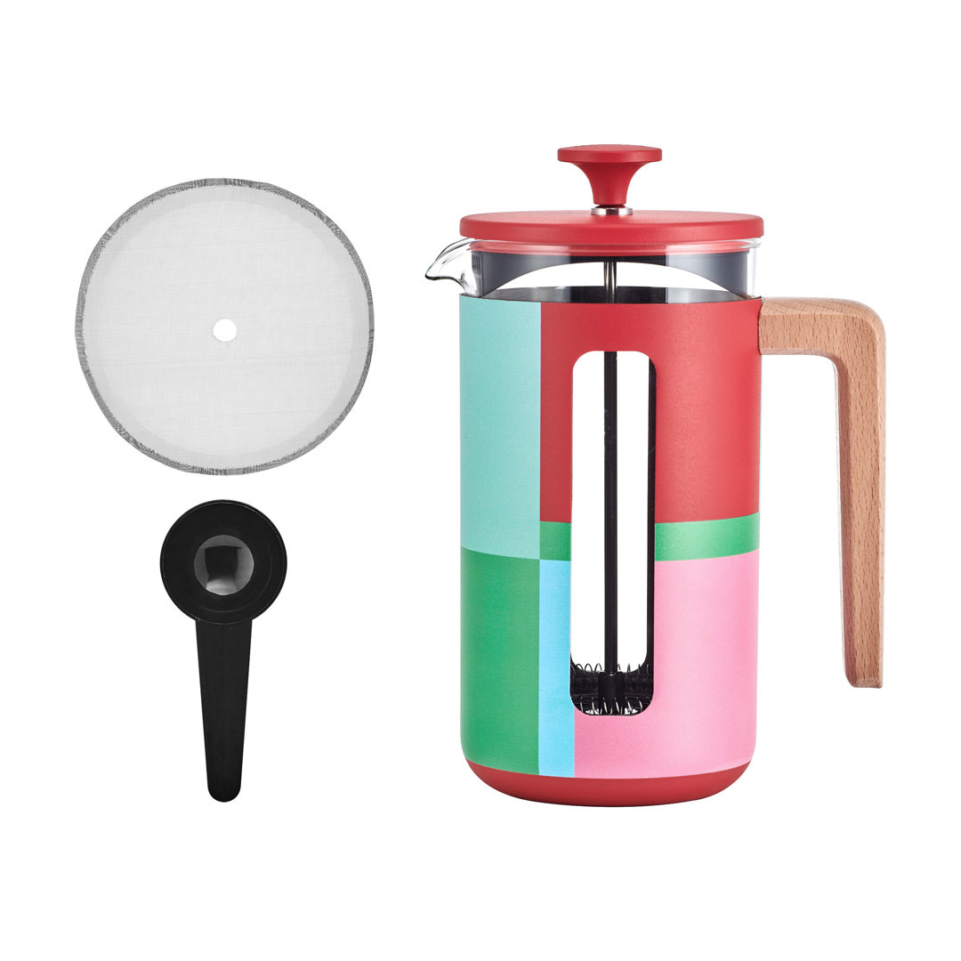 La Cafetière Pisa 8 Cup 1L Stainless Steel Cafetiere, Utopian Lines Heat Retaining French Press with Wooden Handle and Comfortable Push Plunger