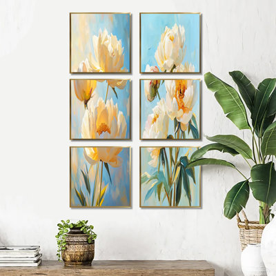 Vintage pivoines rétro crème - ensemble de 6 impressions florales sur toile