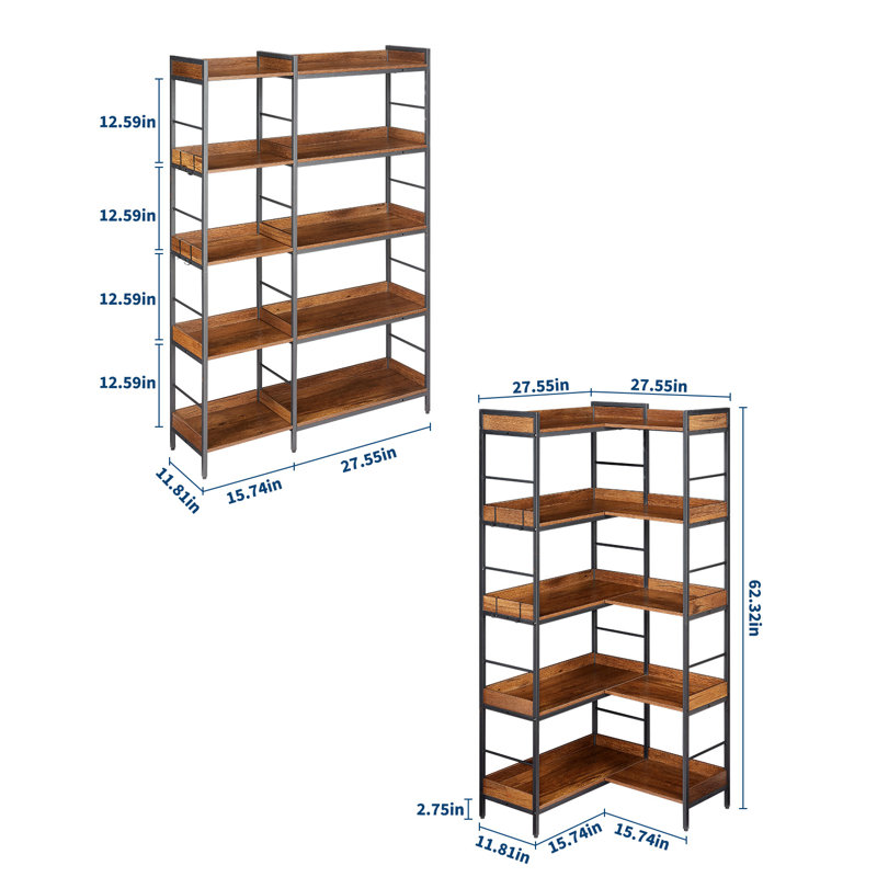 Bibliothèque de bureau en L 62 po à 5 niveaux avec design réversible Industrial