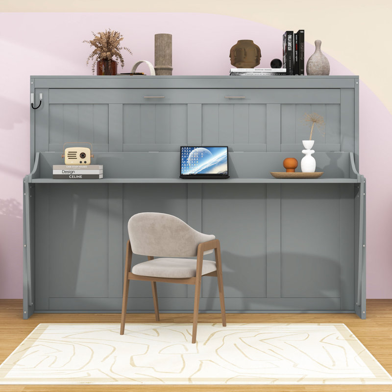 Lit escamotable mural avec bureau intégré Wakefield, Gris, Double