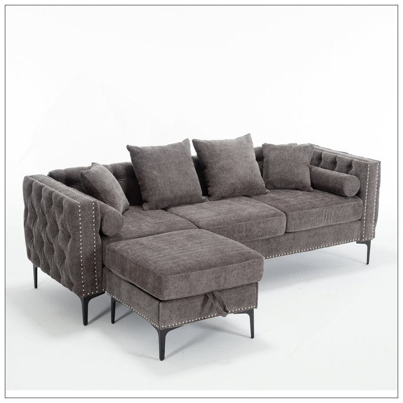 Canapé modulaire en L, repose-pieds convertible avec rangement, chenille, accoudoir carré, canapé capitonné moderne, 3 places et tête de clou