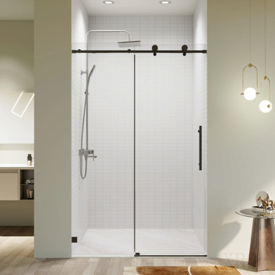46-48" W * 76" H Frameless Single Sliding Soft-Close Shower Doors, Bathroom Sliding Shower Door, 5/16" (8mm) Thick Sgcc Tempered Glass Door, Matte Black