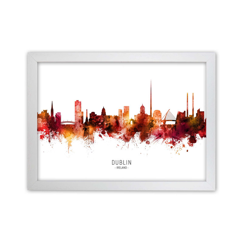 Dublin Ireland Skyline Red City Name by Michael Tompsett - Print, 21cm H x 29.7cm W x 3cm D, White Framed