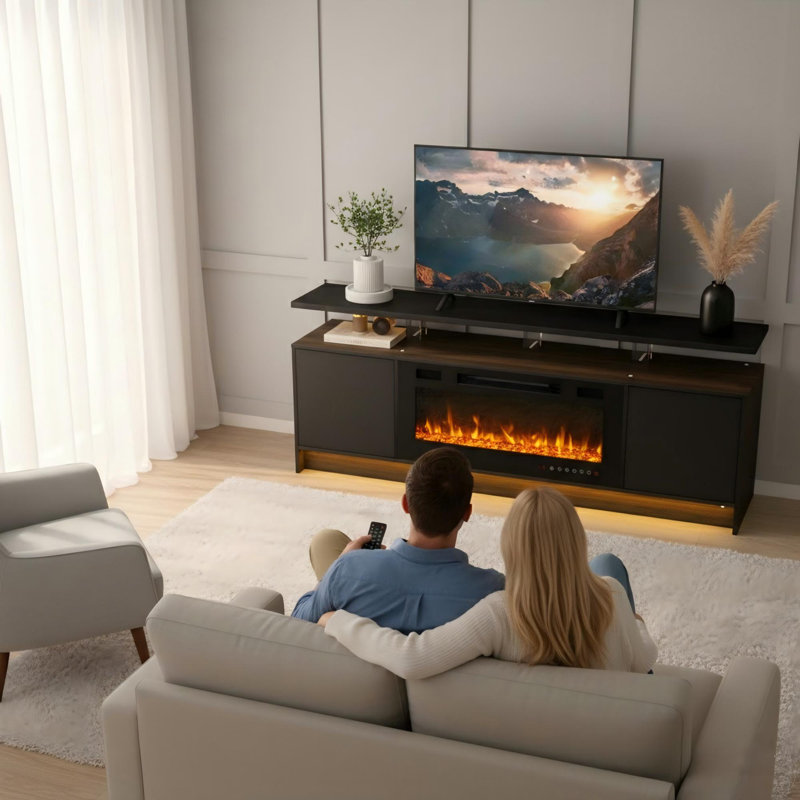 Meuble télé 70 po avec compartiment pour foyer électrique et éclairage DEL, Noir        