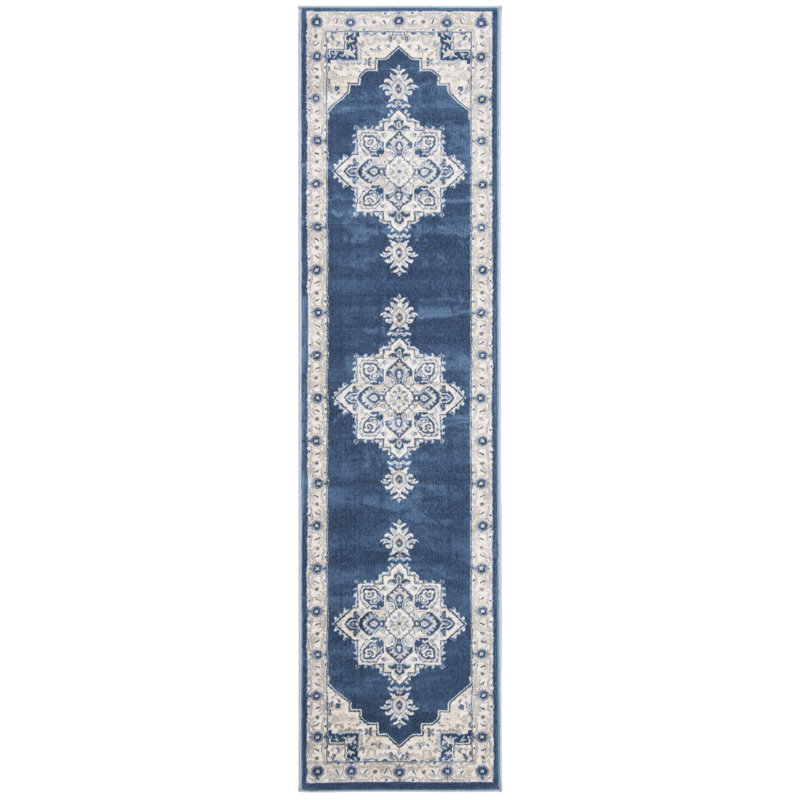 Tapis oriental bleu marine / crème Aurelle, Tapis de couloir 2 pi x 20 pi