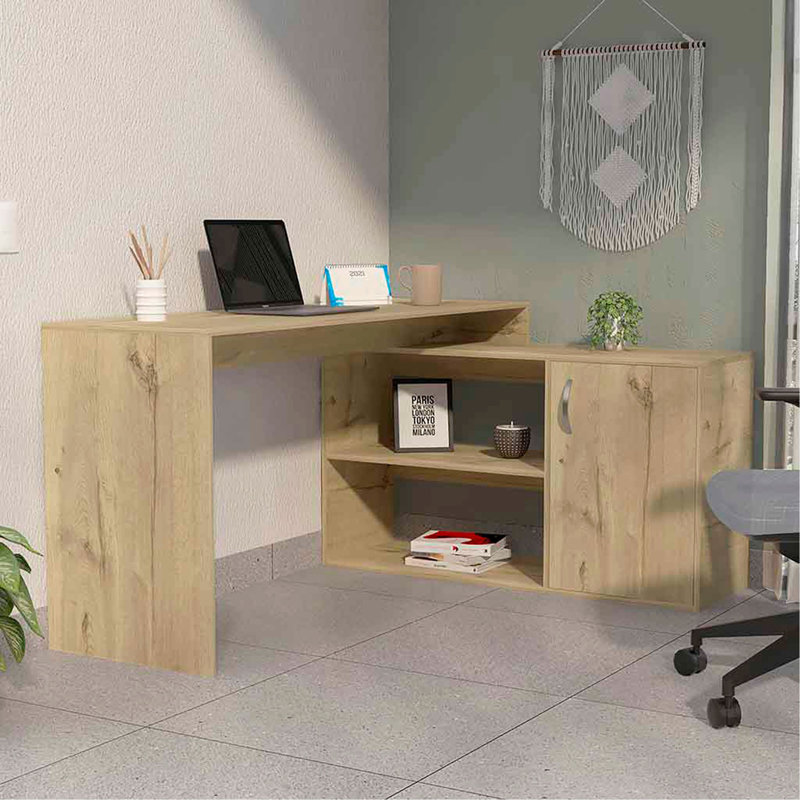 Bureau de bureau en L Dallas, deux tablettes, armoire à une porte, Beige