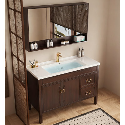 Mid-Century Style Rubber Wood Bathroom Vanity with Integrated Ceramic Sink