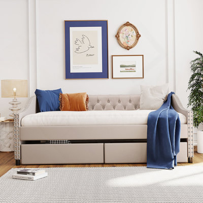Upholstered Daybed With Two Drawers, Wood Slat Support