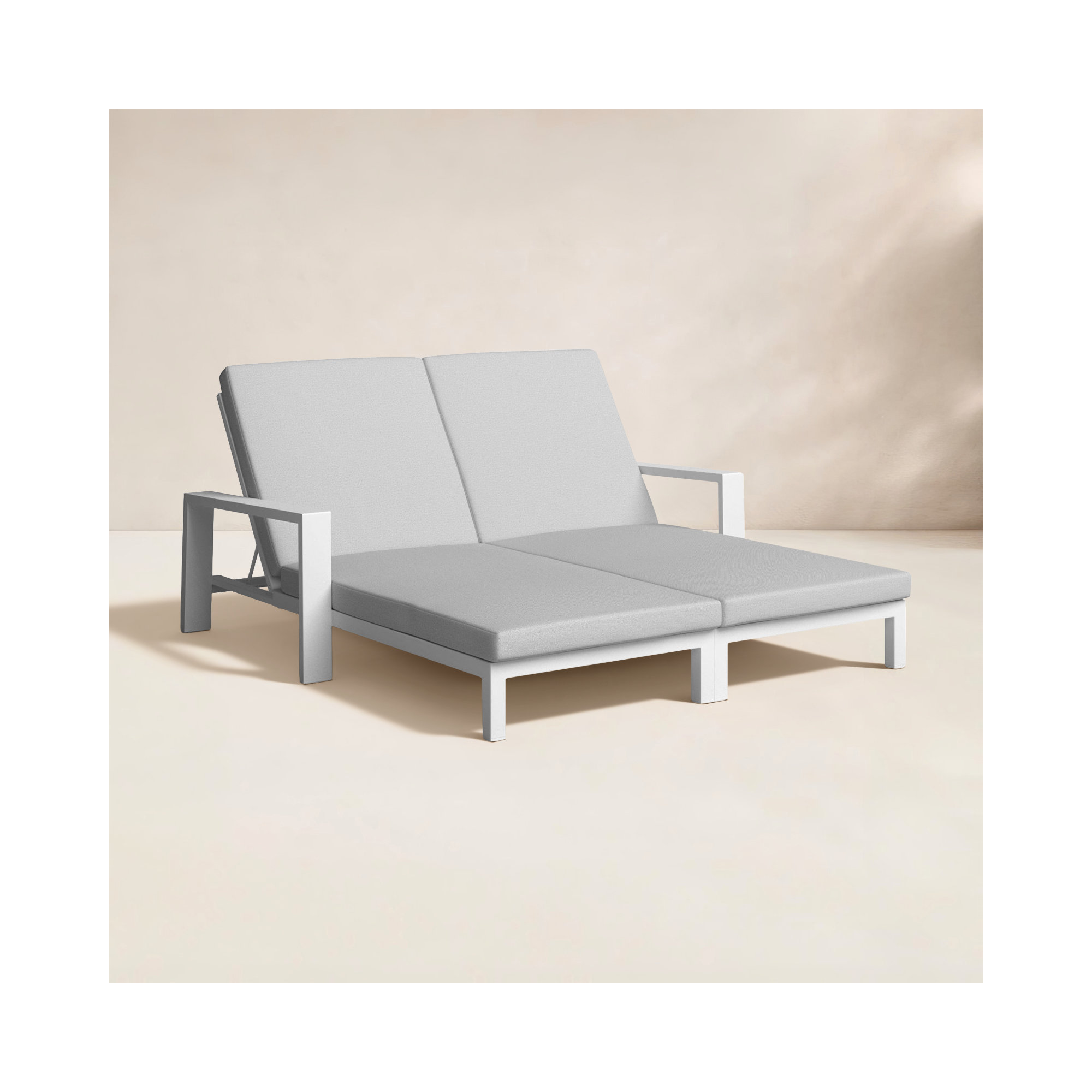 Hoyt Outdoor Metal Double Chaise Lounge, Grayish Cushion/Snow White Frame