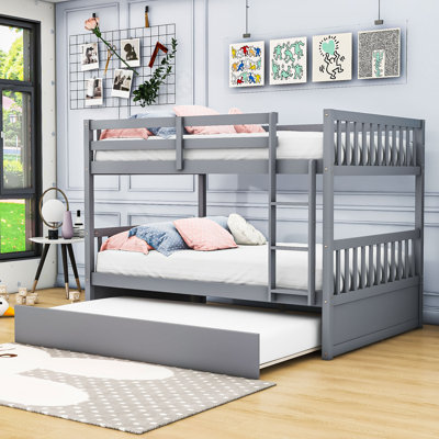 Hommer Full Over Full Wooden Convertible Bunk Bed With Twin Trundle And Guardrails by Harriet Bee
