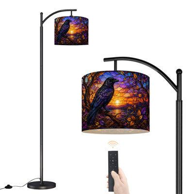 Dimmable LED Arc Standing Floor Lamp Stained Glass Print Raven, Height Adjustable Lamp Shade with Remote Controller, for Living Room Bedroom Office