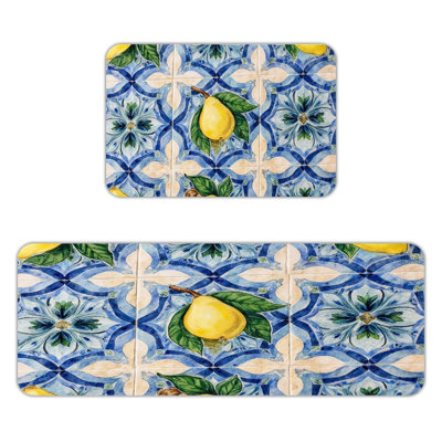 Ensemble de 2 tapis de cuisine méditerranéen à motif de tuiles citron