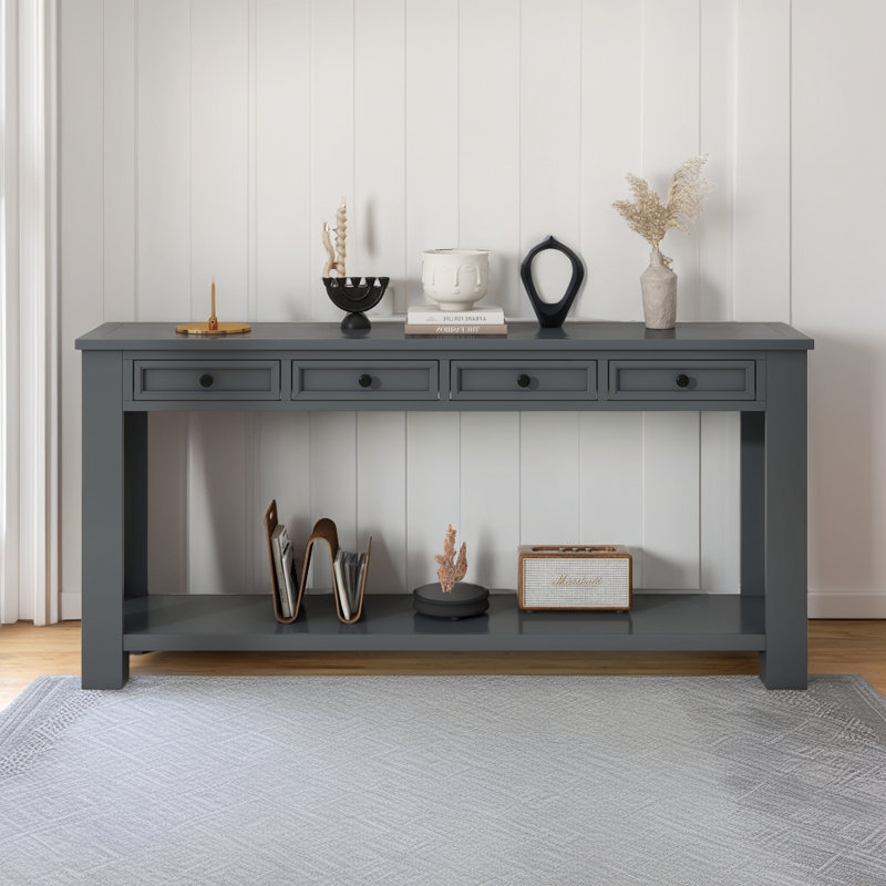 Console 63 po avec 4 tiroirs et tablette ouverte, Brun