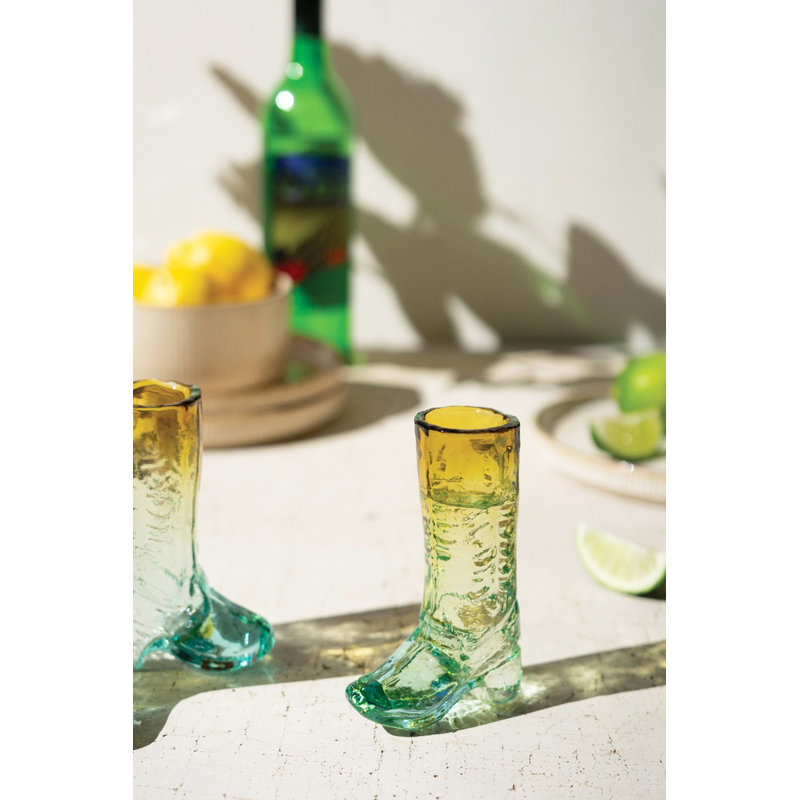  Verre à liqueur recyclé bleu et ambre H 4,5 po, soufflé à la main, ensemble de 6