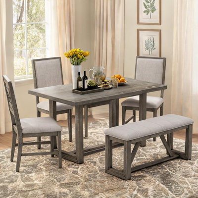 60-Inch 6-Person Retro Dining Set with Bench, Solid Wood Trestle Base, Cool Gray