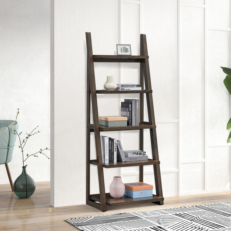 Bibliothèque échelle à 5 niveaux avec structure en bois d'hévéa, support de rangement multifonctionnel pour divers décors
