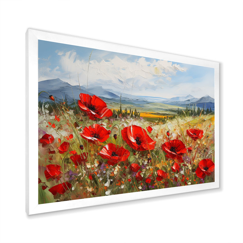 «Red Poppies Field In Mountain I», reproduction sur toile, Cadre simple blanc, H 34 po x l 44 po x P 1,5 po