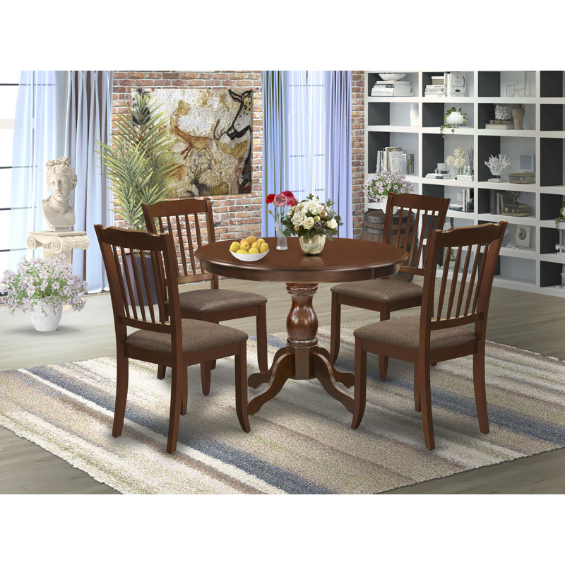  Ensemble de 5 pièces pour 4 pièces comprenant une table de salle à manger ronde avec piédestal et 4 chaises de cuisine en tissu de lin, 42 x 42 pouces, acajou