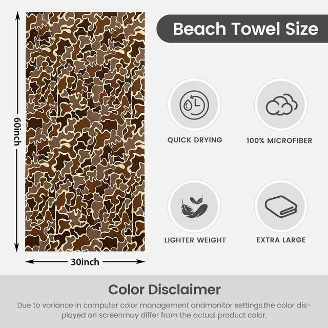  Serviette de plage légère en microfibre, absorbante et sans décoloration, 30 po x 60 po, couleur terre, Camouflage terre
