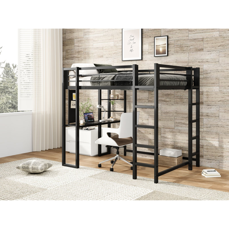 Lit mezzanine double noir avec bureau et rangement pour les adolescents, 80,79 po de profondeur, 55,61 de largeur, 71,36 de hauteur, 114,73 lb, structure intégrée, garde-corps, lattes en métal, tablettes triangulaires, construction sécurisée,