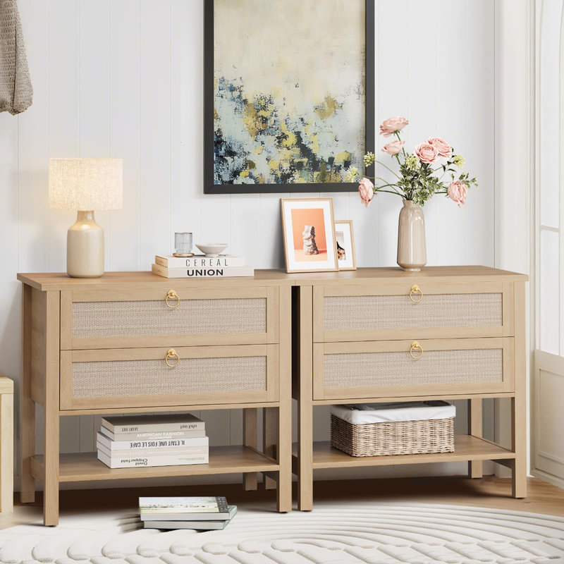 Rattan Night Stand Set of 2, Boho Night Stand with 2 Rattan Drawers, Large Bedside Table Side Table with Open Storage Shelf, Modern Nightstand, Side Tables for Living Room, Bedroom, Cherry Wood