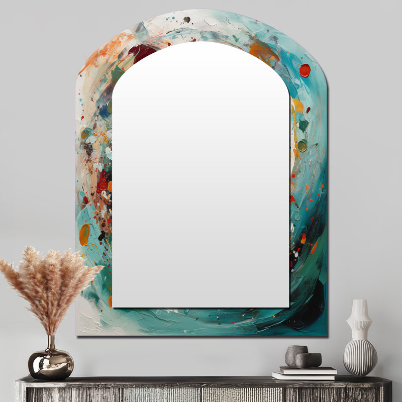 Mariage en spirale de l'ambre électrique et de la sarcelle II - miroir mural unique en forme d'arche abstraite, 43 po x 33 po