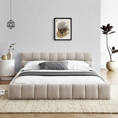 Grand cadre de lit tapissier grand avec tissu épais, lit plateforme grand format en chenille avec tête de lit et structure solide. Aucun sommier tapissier requis (68 po x 86,5 po x 23,5 po)
