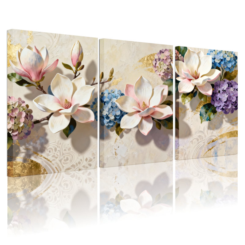 Plantes et fleurs, magnolia et hortensia, ensemble de 3 impressions sur toile, H 18 po x l 36 po