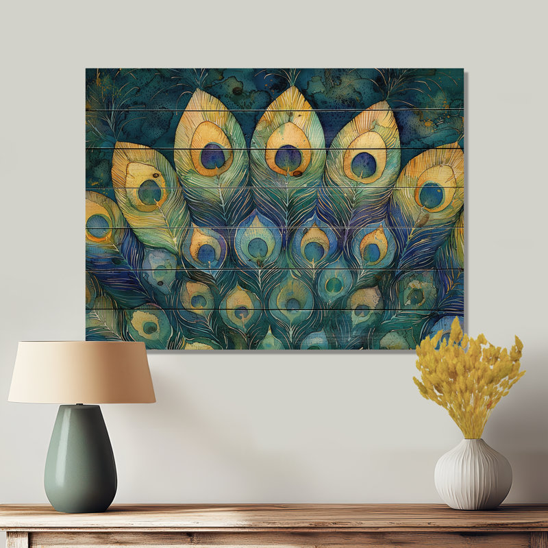 Plume de paon émeraude mosaïque II - paon, art mural animal en bois - sur bois de pin naturel, H 24 po x l 32 po x P 0,78 po