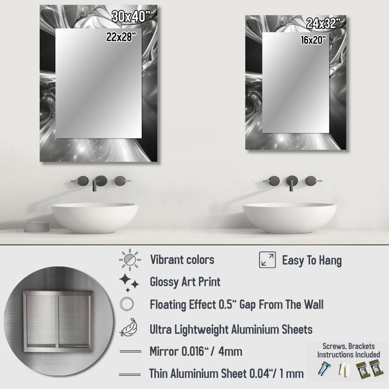 Grey black abstract Steel Serenade II - Abstract Mirror, Modern Unique Wall Mirror, Printed Metal Art, 40" x 30"
