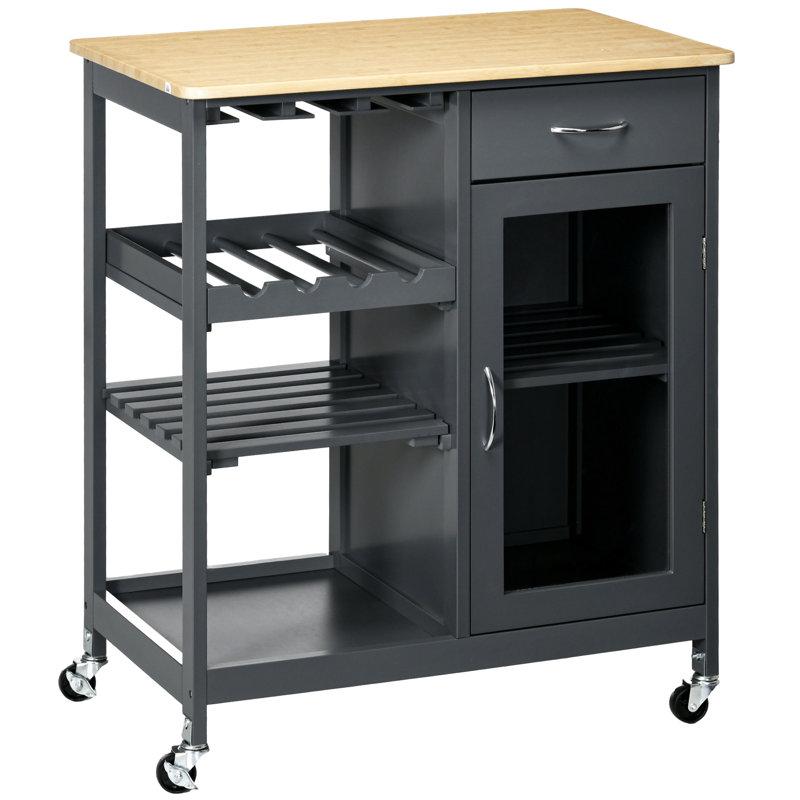 Chariot de cuisine roulant - gris. 4 porte-bouteilles et porte-verres à pied. Tiroir, tablettes d'armoire. Planche. Îlot de l 30 po x P 19 po avec support de rangement et support élégant.