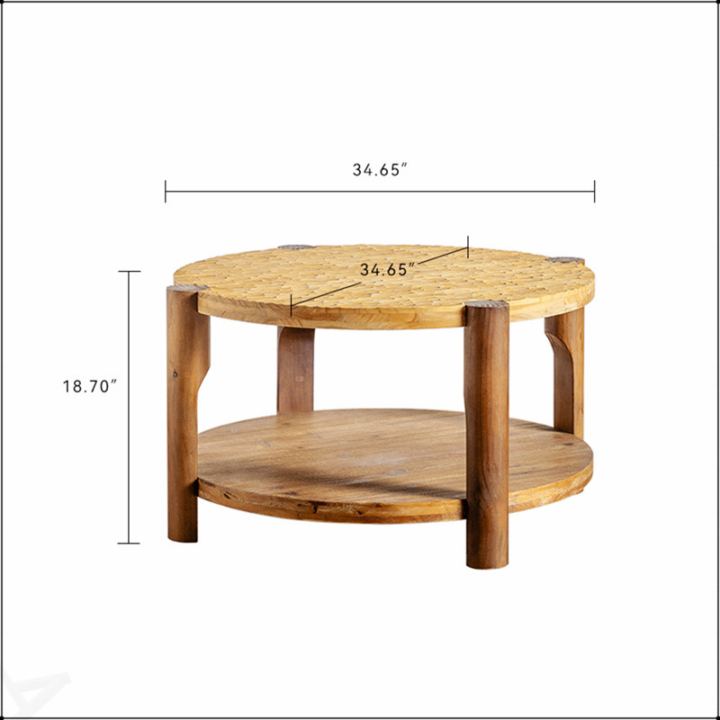 Table basse ronde en bois massif pour le salon, conception à 2 niveaux avec tablette de rangement, style Mid-Century moderne, facile à assembler