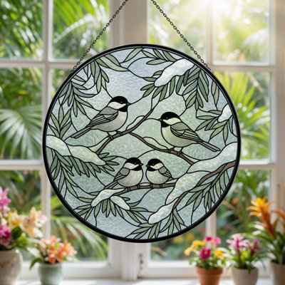 Winter Chickadees Stained Glass Window Panel，7.8H