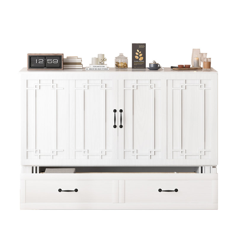 Queen Solid Wood Murphy Bed Cabinet Bed With Drawer & USB Station, White