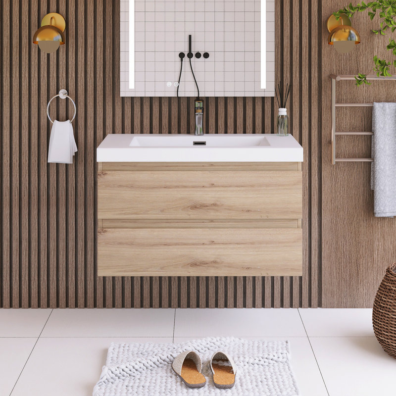 Meuble-lavabo simple 36 po avec plateau en résine Monja, Chêne